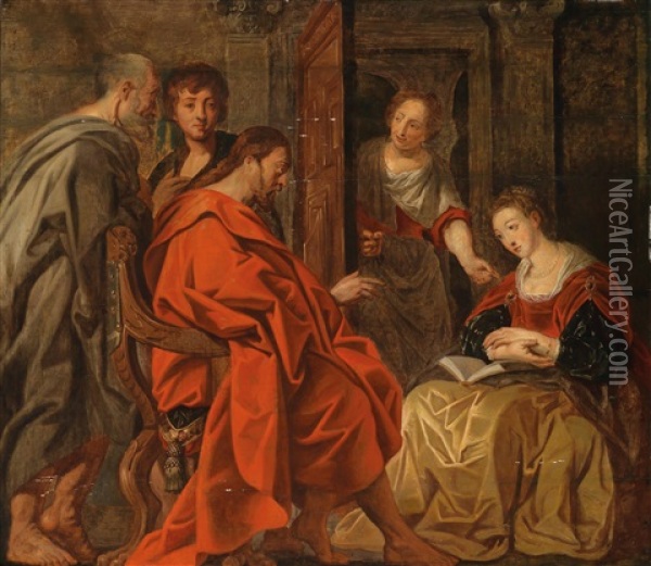 Christus Bei Maria, Martha Und Lazarus Oil Painting - Jacob Jordaens
