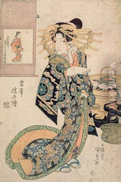 Courtesan likened to a painting by Moronobu Oil Painting - Utagawa Kunisada