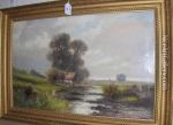 Cottage By A River In An Extensive Landscape,signed Oil Painting - Abraham Hulk Jun.