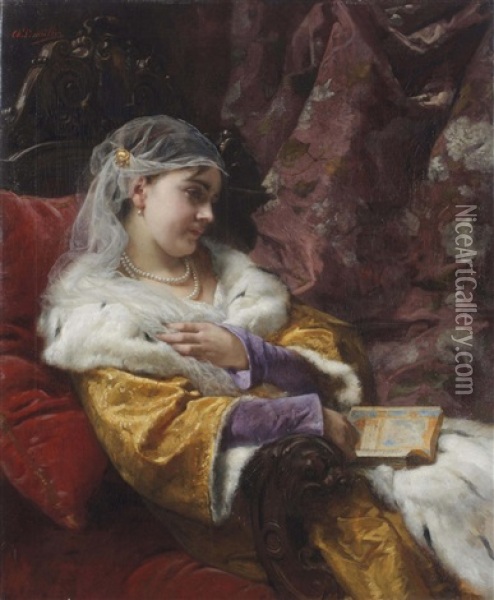 Elegant Lady Reading, Seated On A Red Sofa Oil Painting - Charles Louis Lucien Mueller