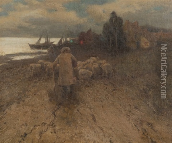 Shepherd With His Flock At Pas De Calais Oil Painting - Eanger Irving Couse