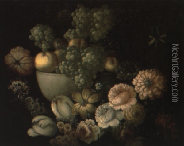 Grapes And Other Fruits And Flowers On A Ledge Oil Painting - Pieter Casteels III