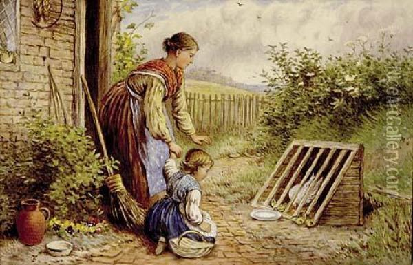Garden Scene With Mother And Young Child Oil Painting - Myles Birket Foster