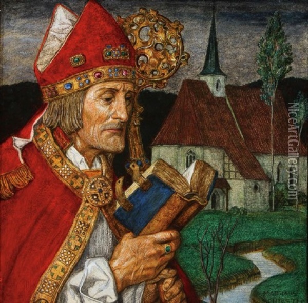 Portrait Of Saint Wolfgang Of Regensberg Oil Painting - Matthaeus Schiestl