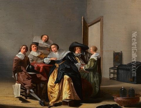 An Interior With Figures Around A Table Oil Painting - Pieter Jacobs Codde
