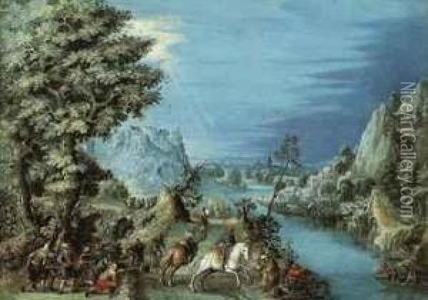 A River Landscape With Travellers Ambushed By Bandits Oil Painting - Pieter Ii Stevens