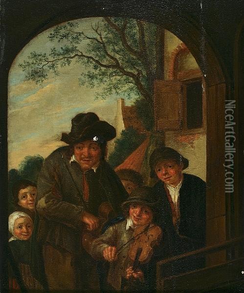 An Itinerant Musician With Children By A Door Oil Painting - Adriaen Jansz. Van Ostade