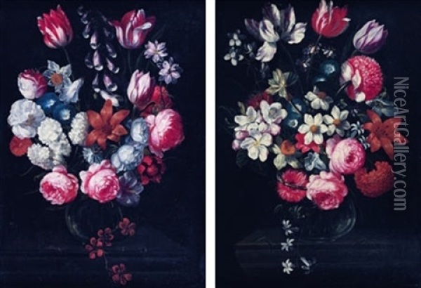 Nature Morte Au Vase De Fleurs Sur Un Entablement (+ Another; Pair) Oil Painting - Pieter Hardime