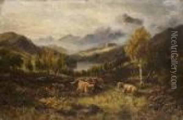 Cattle In Highland Landscapes Oil Painting - William Langley