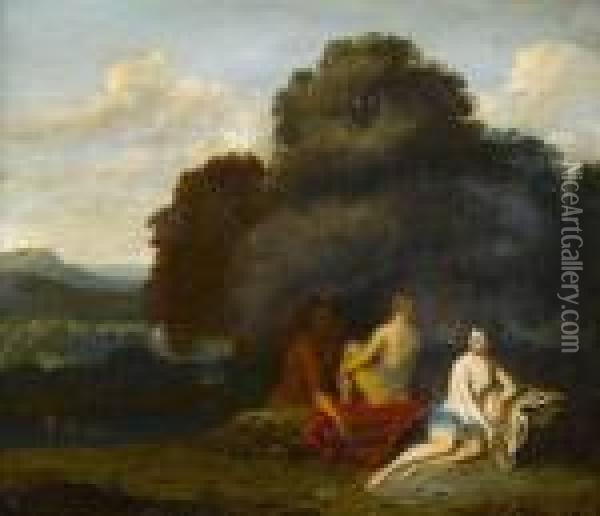 An Italianate Landscape With Nymphs Surprised By A Satyr Oil Painting - Jan van Haensbergen