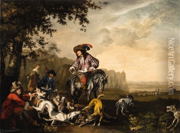 An Italianate Landscape With An Elegant Hunting Party Oil Painting - Abraham Danielsz Hondius
