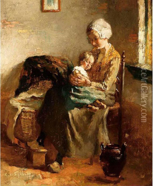 Cottage Interior With Mother And Child Oil Painting - Gijsbertus Jan Sijthoff