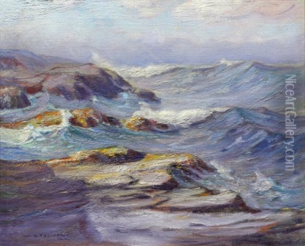 Crashing Waves On Rocks Oil Painting - William Ritschel