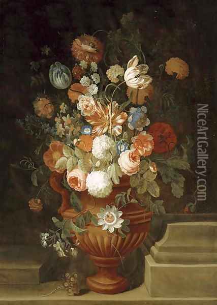 Flowers in a terracotta vase on a stone ledge Oil Painting - Simon Hardime