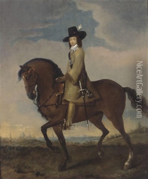 Equestrian Portrait Of A Gentleman In A Landscape, A City Beyond Oil Painting - Gonzales Coques