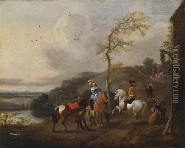 A Landscape With Elegant Horsemen Oil Painting - Pieter Wouwermans or Wouwerman