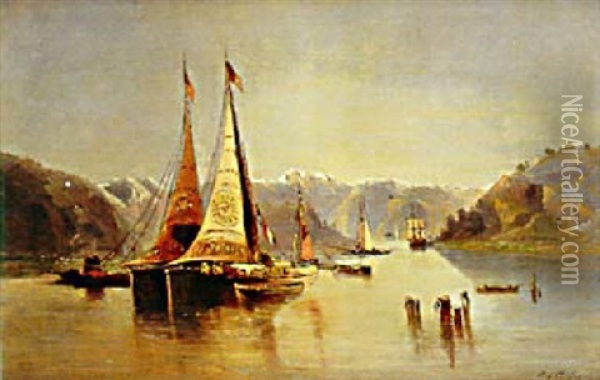 Les Voiliers Dans Les Fjords Oil Painting - Eugene Deshayes