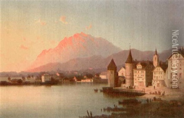 Luzern Mit Pilatus Im Morgenrot Oil Painting - Josef Karl Berthold Puettner
