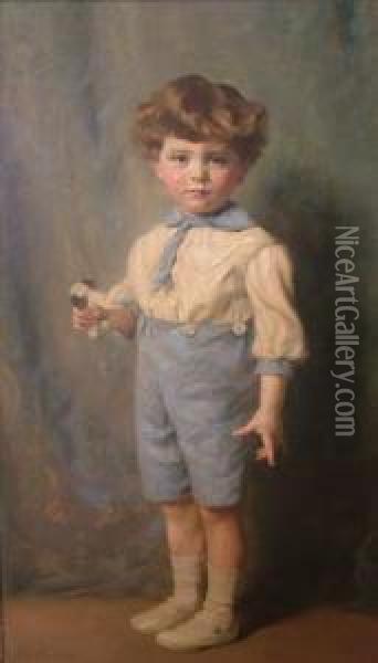 Portraitof Edward, Son Of Sir Percy Bates, Full Length Standing, Holding Atoy Oil Painting - Arthur Trevethin Nowell