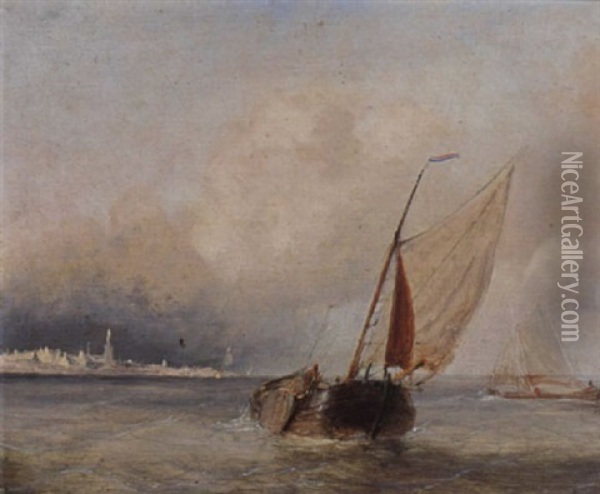 Ships At Sea With A View Of A Town Oil Painting - Nicolaas Riegen