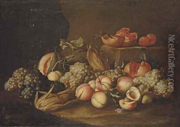 Peaches, grapes, corn on the cob, pomegranates and a melon on a stone floor Oil Painting - Alexander Coosemans