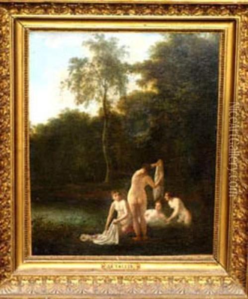 Nymphs Bathing Inlandscape Oil Painting - Jacques Antoine Vallin