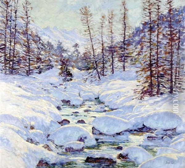 Winter Landscape With Stream Oil Painting - Jonas Lie