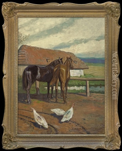 Horses In Front Of The Cottage Oil Painting - Antoni Piotrowski
