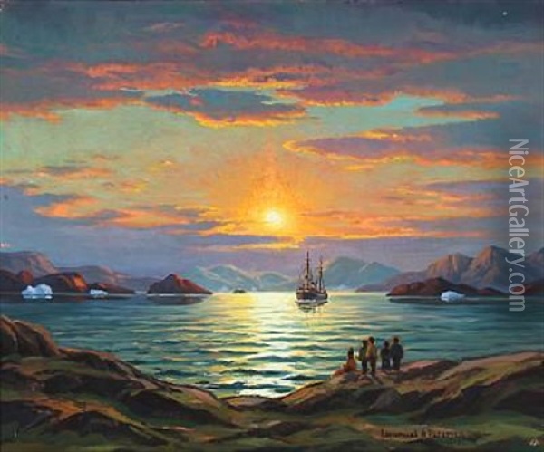Scenery From A Greenlandic Fjord At Sunset Oil Painting - Emanuel A. Petersen