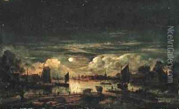 Moonlit Landscape Oil Painting - Aert van der Neer