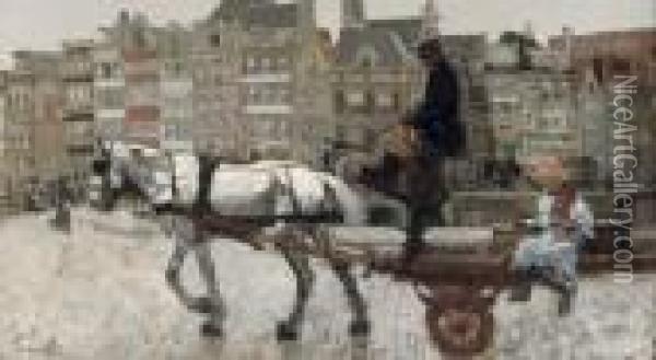 Vrachtwagen, Rokin: A Horsedrawn Cart On The Rokin, Amsterdam Oil Painting - George Hendrik Breitner
