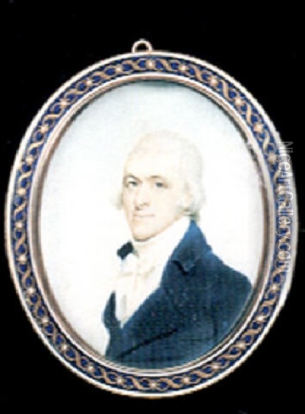 A Gentleman With Powdered Hair, Wearing Blue Coat, White Waistcoat And Tied Cravat Oil Painting - Benjamin Trott