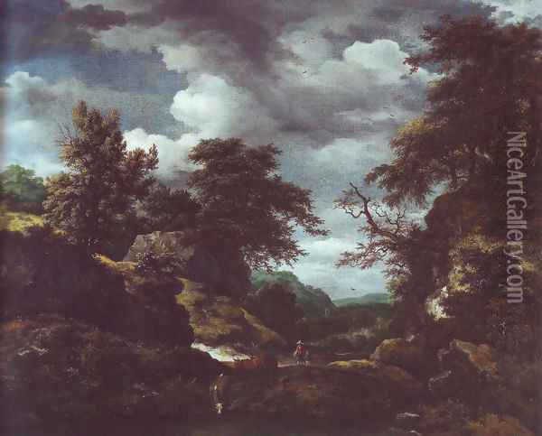 Hilly wooded landscape with cattle Oil Painting - Jacob Van Ruisdael