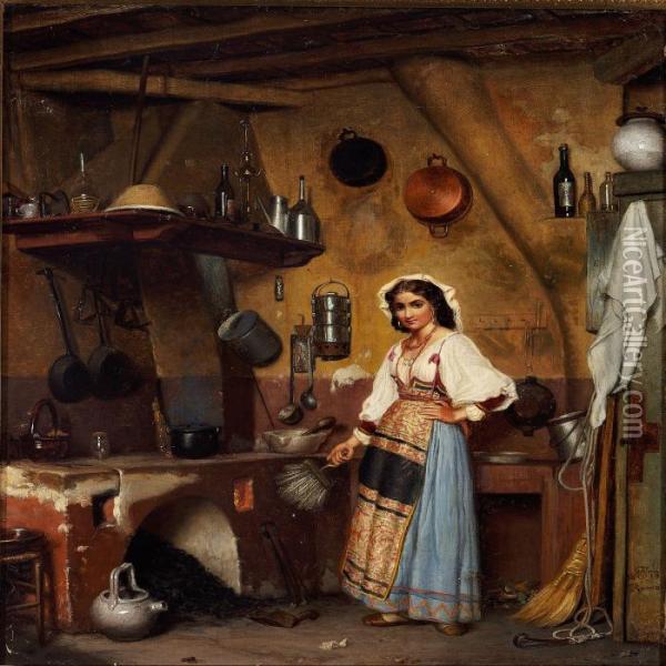 Kitchen Interior With An Italian Woman Oil Painting - Wenzel Ulrik Tornoe