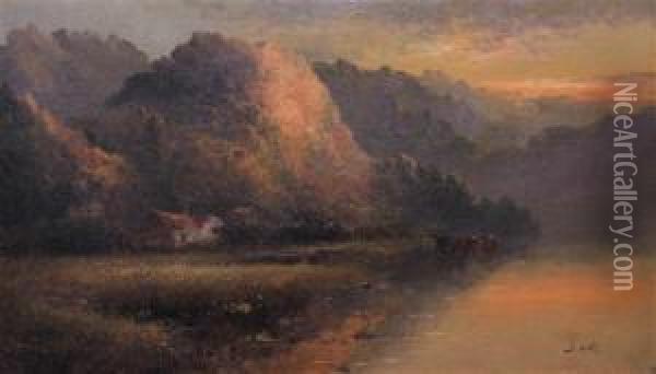 Mountain Landscape With Cows Oil Painting - Harold D. Watts