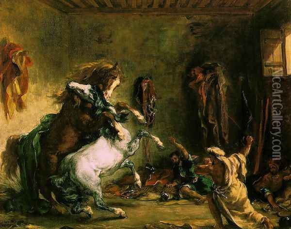 Arabian Horses Fighting in a Stable Oil Painting - Eugene Delacroix