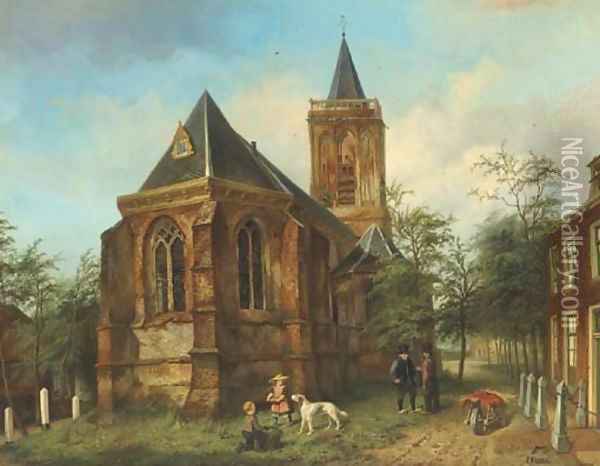 The church of Eemnes-Buitendijks children by the village church Oil Painting - Jan Czn. Fabius