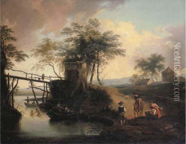 A River Landscape With Travellers On A Path Oil Painting - Jan Baptist Weenix