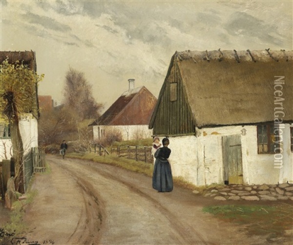 Street Scene In The Village Eno, Springtime Oil Painting - Laurits Andersen Ring