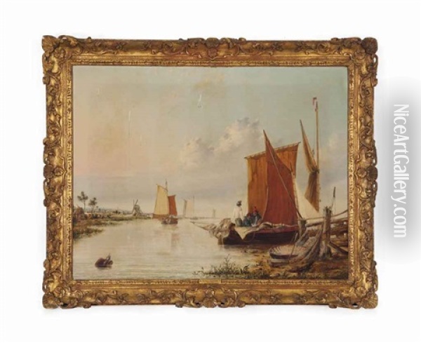 Boats On The River Yare Oil Painting - Alfred Stannard
