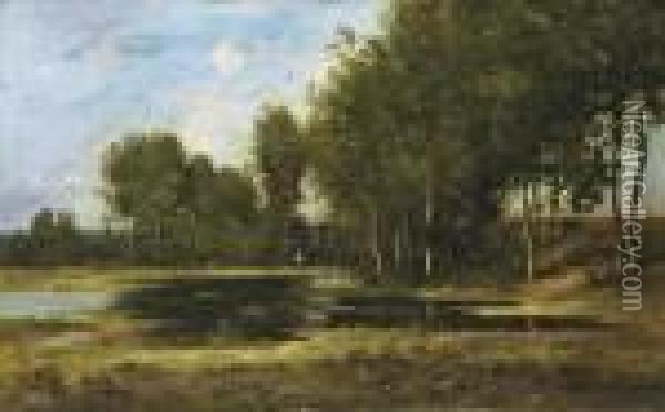 A Figure In A Wooded Landscape At Sunset Oil Painting - Leon Richet