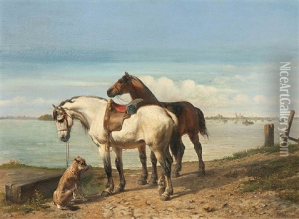 View Of The River Scheldt With Two Saddled Horses And A Dog At The Crossing With A City In The Distance Oil Painting - Paul Van Der Vin