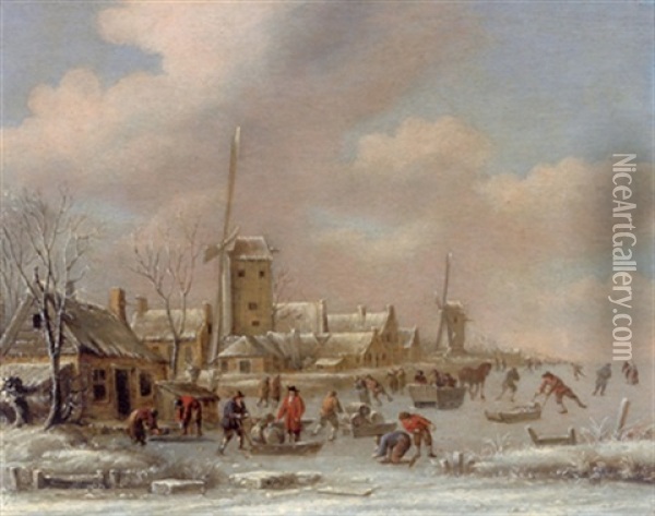 Eisvergnugen Vor Einem Hollandischen Dorf Oil Painting - Thomas Heeremans