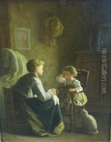 A Mother And Child In An Interior Oil Painting - Michel Arnoux