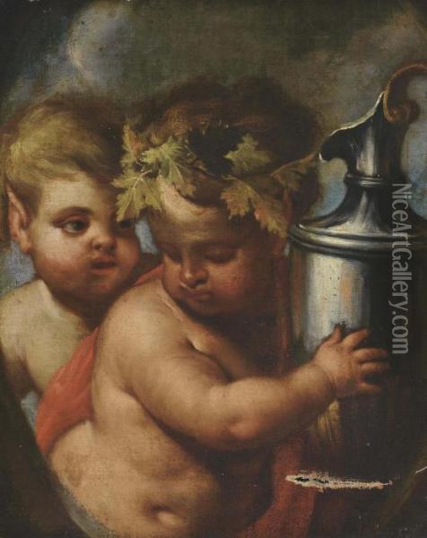 The Infant Bacchus With A Satyr Oil Painting - Giulio Carpione