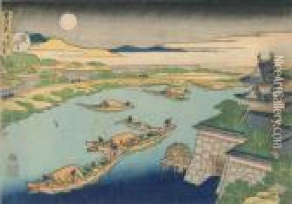 Une Vue De Nuit Au Clair De Lune Prise Du Chateau-fort De Yodo. Oil Painting - Katsushika Hokusai