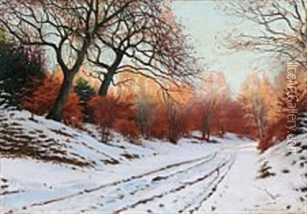An Evening In The Forest A Winter Day Oil Painting - Sigvard Marius Hansen