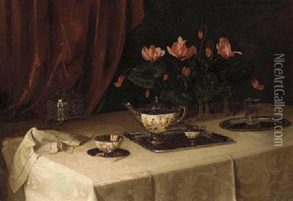 A Table Set For Tea Oil Painting - Ignaz Schoenbrunner the Elder
