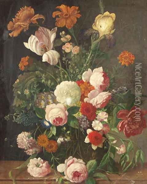 Roses, peonies, a tulip and other flowers in a glass vase on a stone ledge Oil Painting - Jan Van Huysum