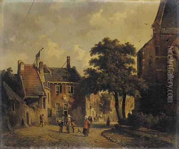A town in summer with figures conversing Oil Painting - Adrianus Eversen